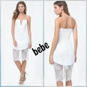 Bebe NWT white strapless dress w/ lace bottom